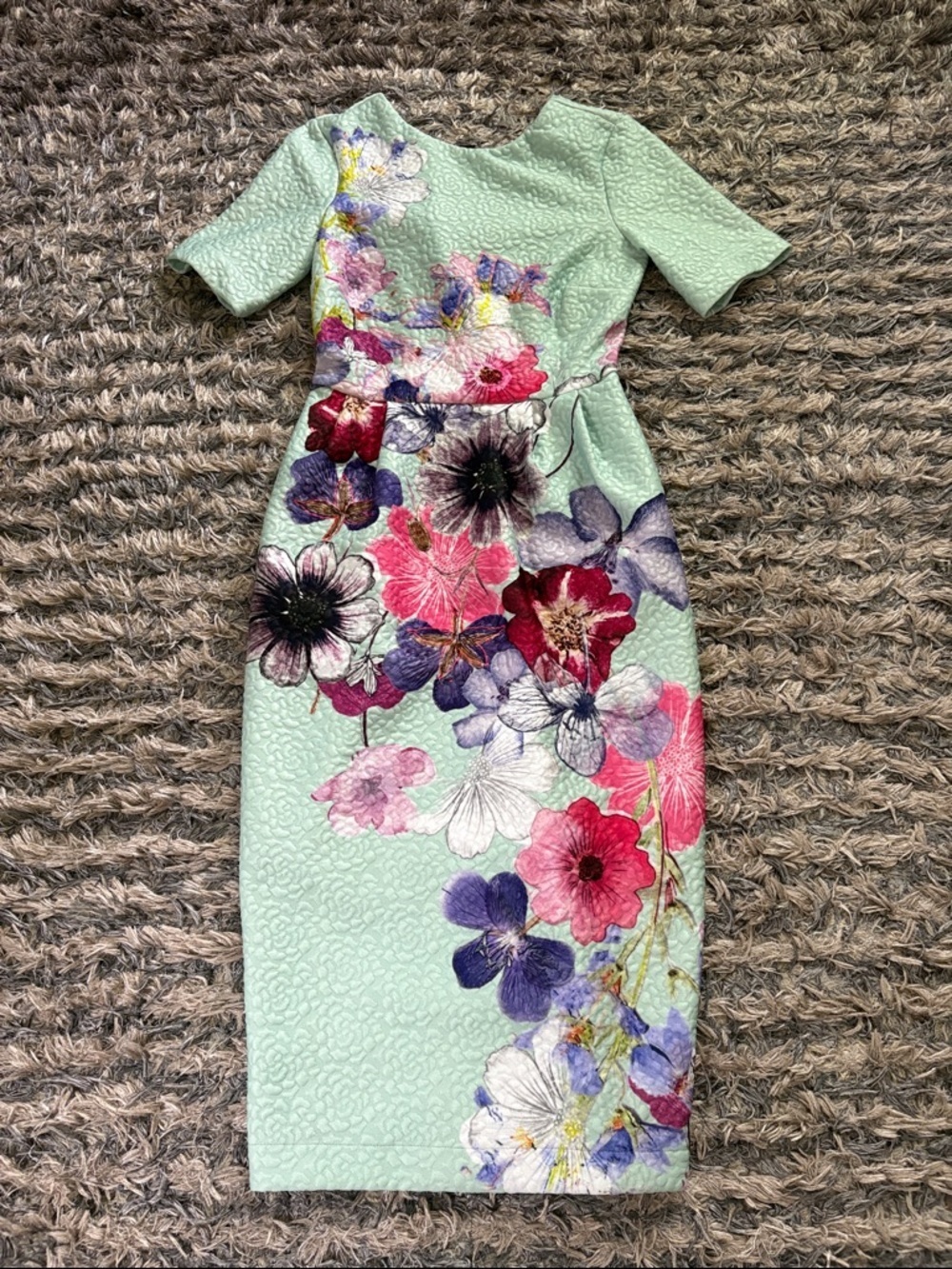 Green Floral Mid-Sleeve Midi Dress, Side Pockets, Stretchy, Size US 00